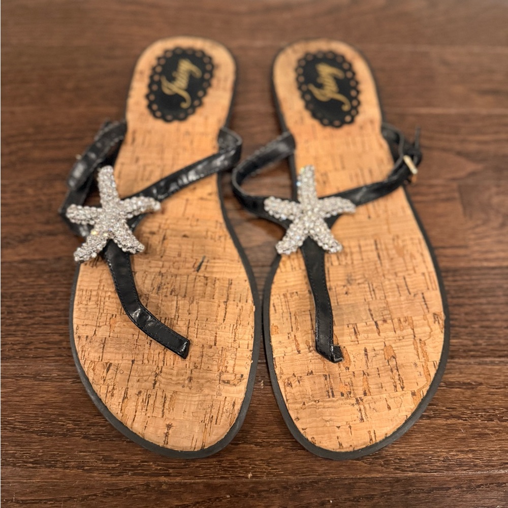 Juicy Couture Black Rhinestone Starfish Flat Sandals Size 10
